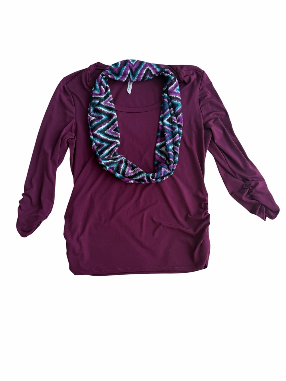 NY Collection Plum Purple 3/4 Sleeve Top with Patterned Infinity Scarf